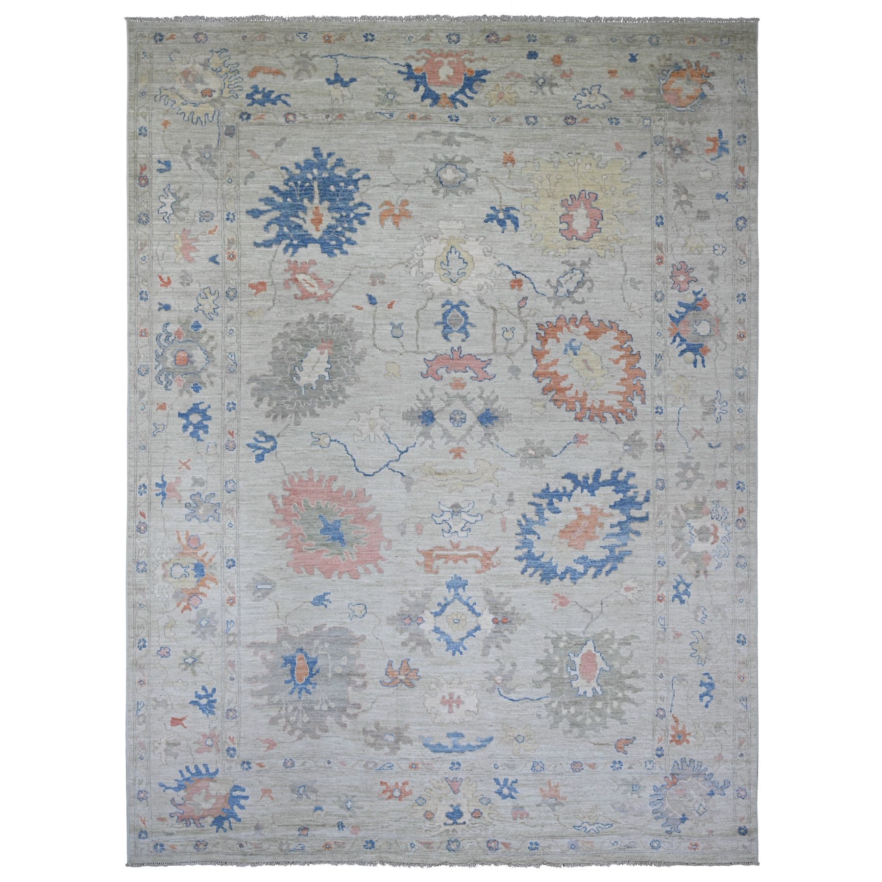 Pastel Gray, Afghan Angora Oushak with Large Leaf Design, Hand Knotted, 100% Wool, Vegetable Dyes, Oriental Rug